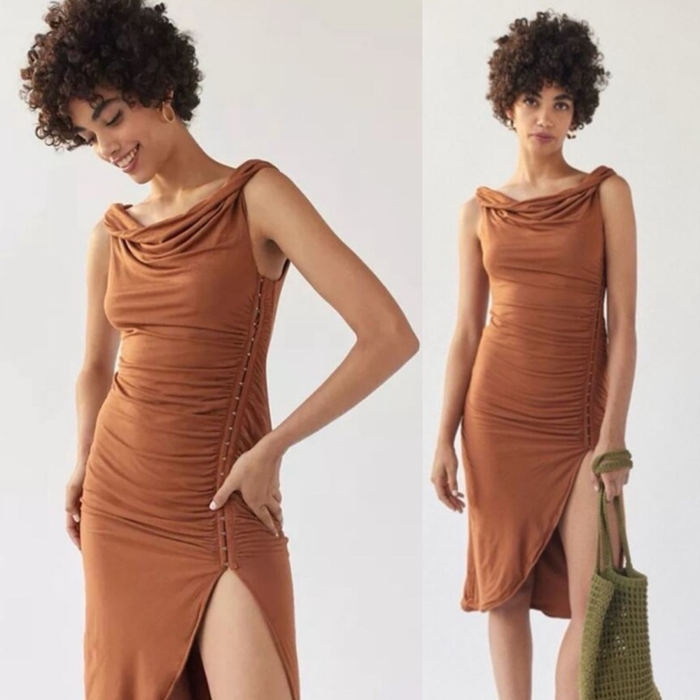 UO Giselle Ruched Side Slit Midi Dress